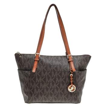 Pre Owned MICHAEL Michael Kors Brown Signature Coated Canvas And Leather Jet Set Tote