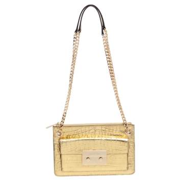 Pre Owned MICHAEL Michael Kors Metallic Gold Croc Embossed Leather Sloan Shoulder Bag