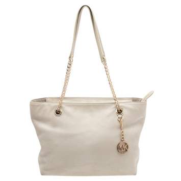 Pre Owned MICHAEL Micheal Kors Cream Leather Jet Set Chain Tote