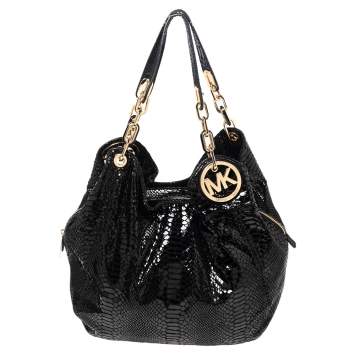 Pre Owned MICHAEL Michael Kors Black Glossy Python Embossed Leather Fulton Shoulder Bag