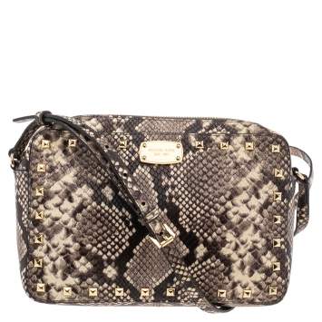 Pre Owned MICHAEL Michael Kors Beige/Black Python Embossed Leather Jet Set Camera Crossbody Bag