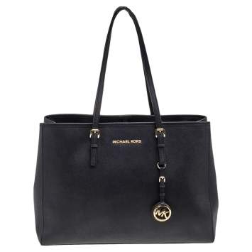 Pre Owned MICHAEL Michael Kors Black Saffiano Leather Medium Jet Set Travel Tote