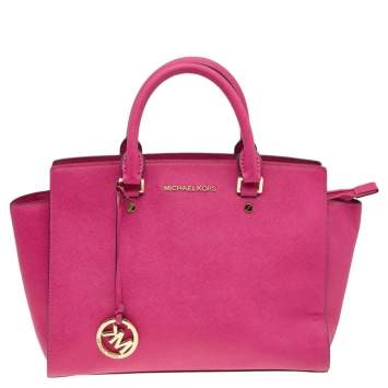 Pre Owned MICHAEL Michael Kors Fuchsia Saffiano Leather Large Selma Tote