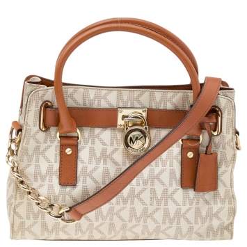Pre Owned MICHAEL Michael Kors White/Brown Signature Coated Canvas and Leather Medium Hamilton East West Tote