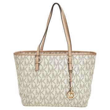 Pre Owned MICHAEL Michael Kors White/Beige Coated Canvas And Leather Jet Set Travel Tote