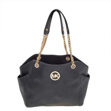 Pre Owned MICHAEL Michael Kors Black Leather Jet Set Travel Chain Tote