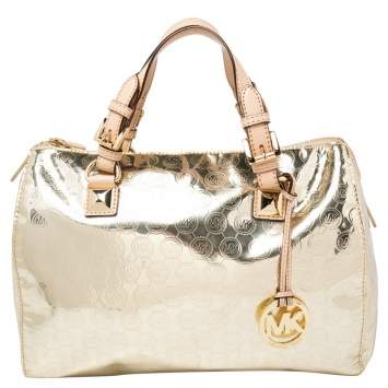 Pre Owned MICHAEL Michael Kors Gold Signature Laminated Leather Bedford Boston Bag