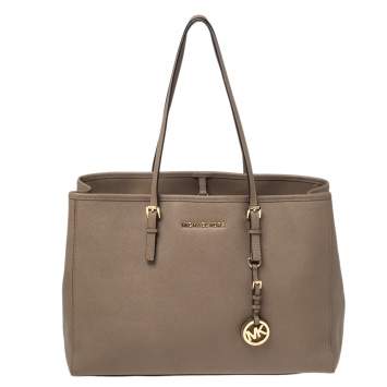 Pre Owned MICHAEL Michael Kors Dark Beige Saffiano Leather Jet Set Travel Tote