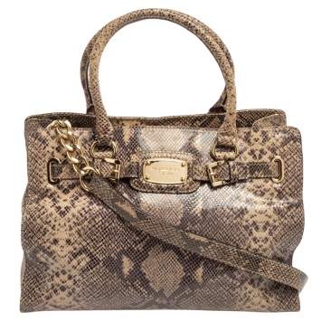 Pre Owned MICHAEL Michael Kors Beige/Brown Python Embossed Leather East West Hamilton Tote