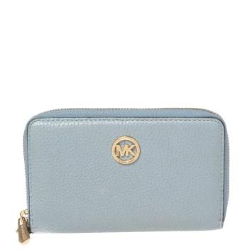Pre Owned MICHAEL Michael Kors Light Blue Leather Fulton Zip Around Wallet