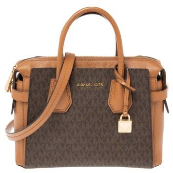 Pre Owned Michael Kors Brown Signature Coated Canvas and Leather Small Belted Mercer Satchel