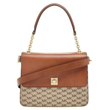 Pre Owned MICHAEL Michael Kors Beige/Brown Signature Coated Canvas and Leather Large Natalie Top Handle Bag
