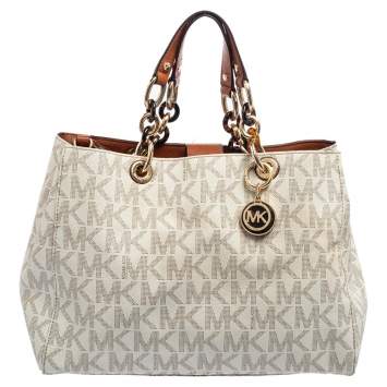 Pre Owned MICHAEL Michael Kors Off White Signature Coated Canvas Chain Tote