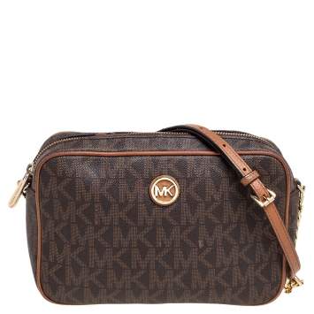 Pre Owned MICHAEL Michael Kors Brown Signature Coated Canvas Crossbody Bag