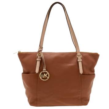 Pre Owned MICHAEL Michael Kors Brown/Beige Leather Jet Set Top Zip Tote