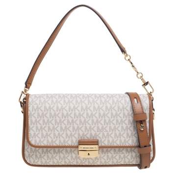 Pre Owned Michael Kors White/Brown Signature Canvas and Leather Bradshaw Logo Convertible Shoulder Bag