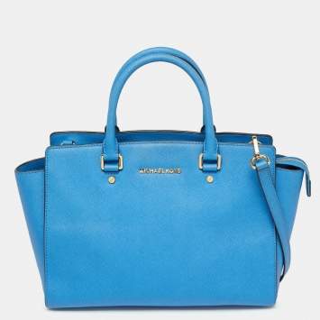 Pre Owned MICHAEL Michael Kors Sky Blue Saffiano Leather Large Selma Tote