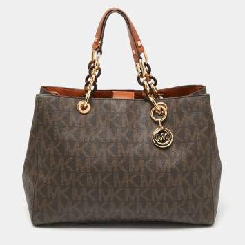 Pre Owned MICHAEL Michael Kors Dark Brown Signature Coated Canvas Large Cynthia Tote