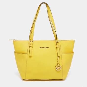 Pre Owned MICHAEL Michael Kors Yellow Leather Medium Jet Set Top Zip Tote