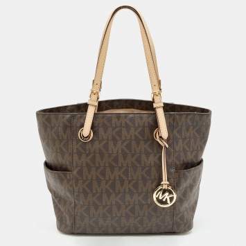 Pre Owned MICHAEL Michael Kors Brown/Beige Signature Coated Canvas And Leather Jet Set Tote