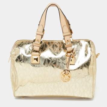 Pre Owned MICHAEL Michael Kors Metallic Gold Mirror Signature Leather Medium Grayson Satchel 