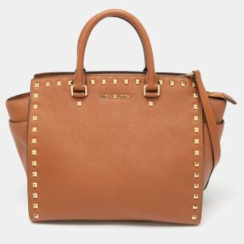 Pre Owned MICHAEL Michael Kors Brown Saffiano Studded Leather Large Selma Satchel