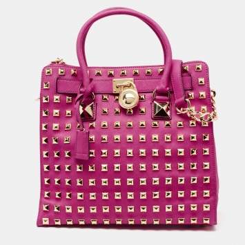 Pre Owned MICHAEL Michael Kors Fuchsia Leather Large Studded Hamilton North South Tote