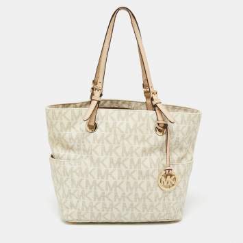 Pre Owned MICHAEL Michael Kors White/Beige Signature Coated Canvas and Leather Side Pocket Tote 