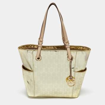 Pre Owned MICHAEL Michael Kors Metallic Gold Mirror Signature PVC and Leather East-West Tote