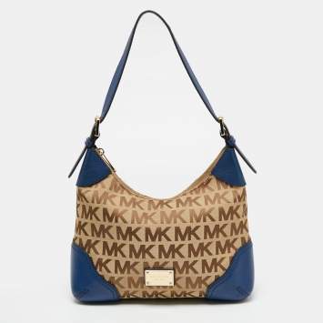 Pre Owned MICHAEL Michael Kors Beige/Blue Signature Canvas and Leather Hobo 