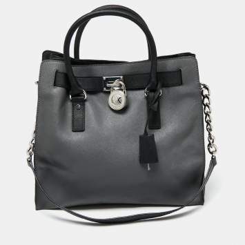 Pre Owned MICHAEL Michael Kors Grey/Black Leather Large Hamilton North South Tote