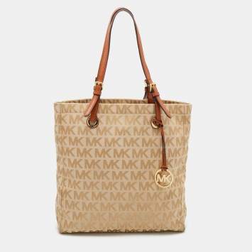 Pre Owned MICHAEL Michael Kors Beige/Brown Signature Canvas And Leather Jet Set Tote