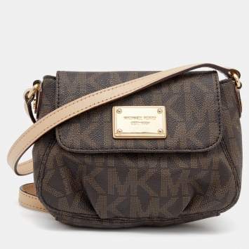Pre Owned MICHAEL Michael Kors Brown Signature Coated Canvas And Leather Flap Crossbody Bag