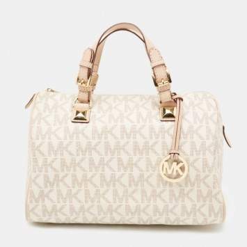 Pre Owned MICHAEL Michael Kors Beige/Ivory Signature Coated Canvas and Leather Grayson Boston Bag