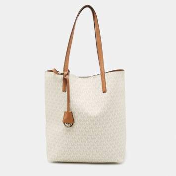 Pre Owned MICHAEL Michael Kors Vanilla/Tan Signature Coated Canvas and Leather Hayley Tote 
