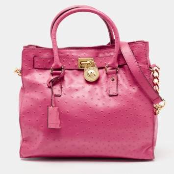 Pre Owned MICHAEL Michael Kors Pink Ostrich Embossed Leather Large Hamilton North South Tote