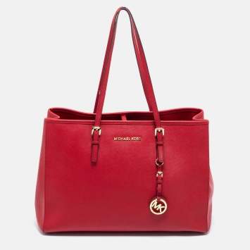 Pre Owned MICHAEL Michael Kors Red Leather Jet Set Tote