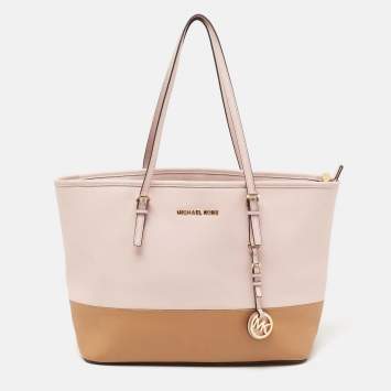 Pre Owned MICHAEL Michael Kors Pink/Brown Saffiano Leather Medium Jet Set Travel Tote