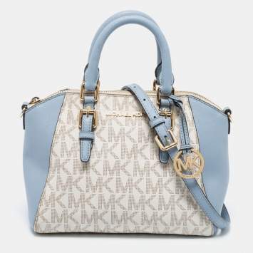 Pre Owned MICHAEL Michael Kors White/Blue Signature Canvas And Leather Ciara Satchel
