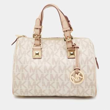 Pre Owned MICHAEL Michael Kors Beige/Ivory Signature Coated Canvas and Leather Grayson Boston Bag