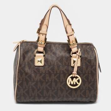 Pre Owned MICHAEL Michael Kors Brown/Beige Signature Coated Canvas and Leather Grayson Boston Bag