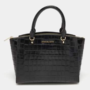 Pre Owned MICHAEL Michael Kors Black Croc Embossed Leather Ellis Satchel