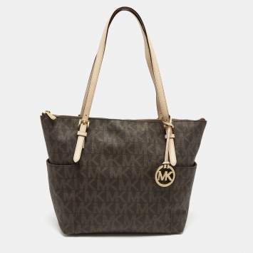Pre Owned MICHAEL Michael Kors Dark Brown/Beige Signature Coated Canvas and Leather Jet Set Top Zip Tote
