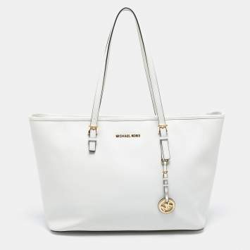 Pre Owned MICHAEL Michael Kors White Saffiano Leather Travel Jet Set Tote