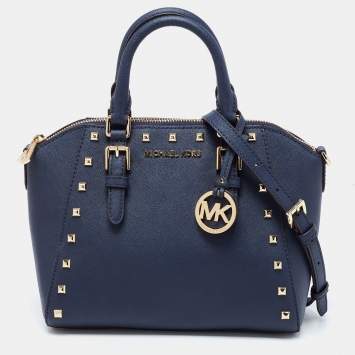 Pre Owned MICHAEL Michael Kors Navy Blue Leather Studded Ciara Satchel
