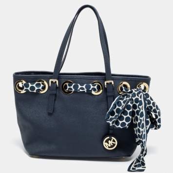 Pre Owned MICHAEL Michael Kors Navy Blue Saffiano Leather Jet Set Scarf Tote