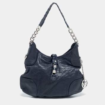 Pre Owned MICHAEL Michael Kors Navy Blue Leather Braided Flap Hobo