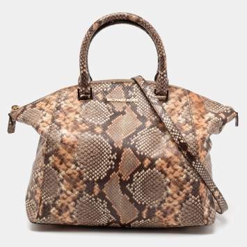 Pre Owned MICHAEL Michael Kors Brown/Beige Python Embossed Leather Satchel