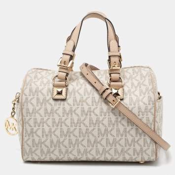Pre Owned MICHAEL Michael Kors White/Beige Signature Coated Canvas and Leather Grayson Boston Bag
