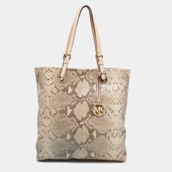 Pre Owned MICHAEL Michael Kors Beige Python Embossed Leather Shopper Tote